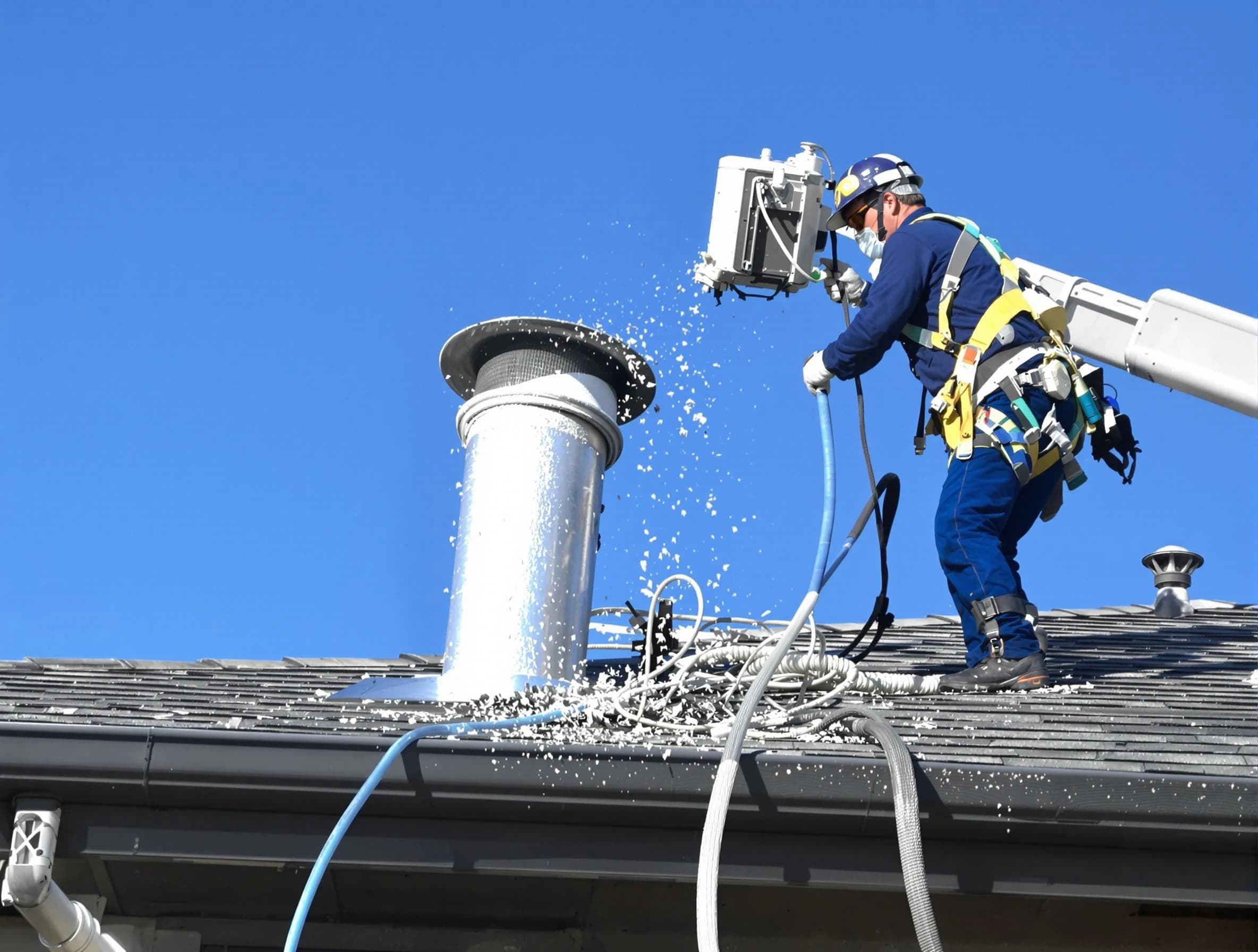 Doraville Dryer Vent Cleaning certified technician safely cleaning a roof-mounted dryer vent in Doraville